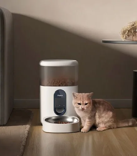 Gato junto a un dispenser inteligente de comida para mascotas Aqara